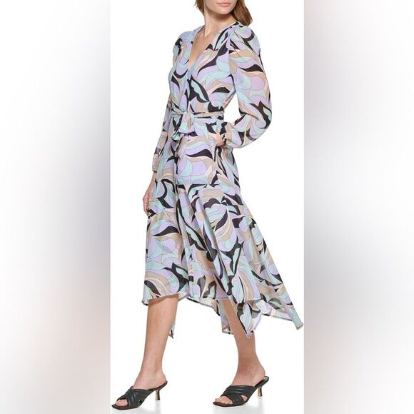 NWT Calvin Klein Women's Faux Wrap Puff Sleeve Midi Dress in Black Opal Print - Picture 1 of 9